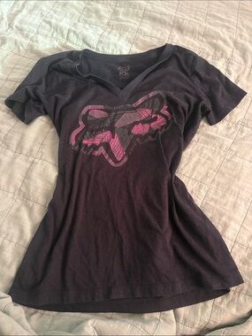 Fox Black V-Neck Tee with Pink Logo Graphic